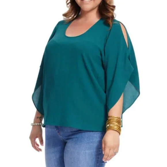 NWT RACHEL RACHEL ROY Flutter Split Sleeve Top 2X Plus Size Blouse Viridian Gree - Picture 2 of 8